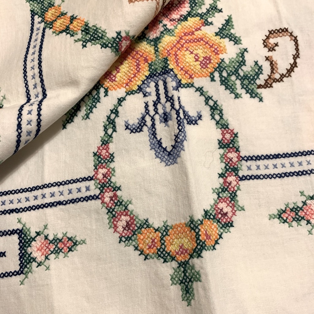 🌸 Vintage Hand-Embroidery Cross-Stitch Tablecloth from Poland